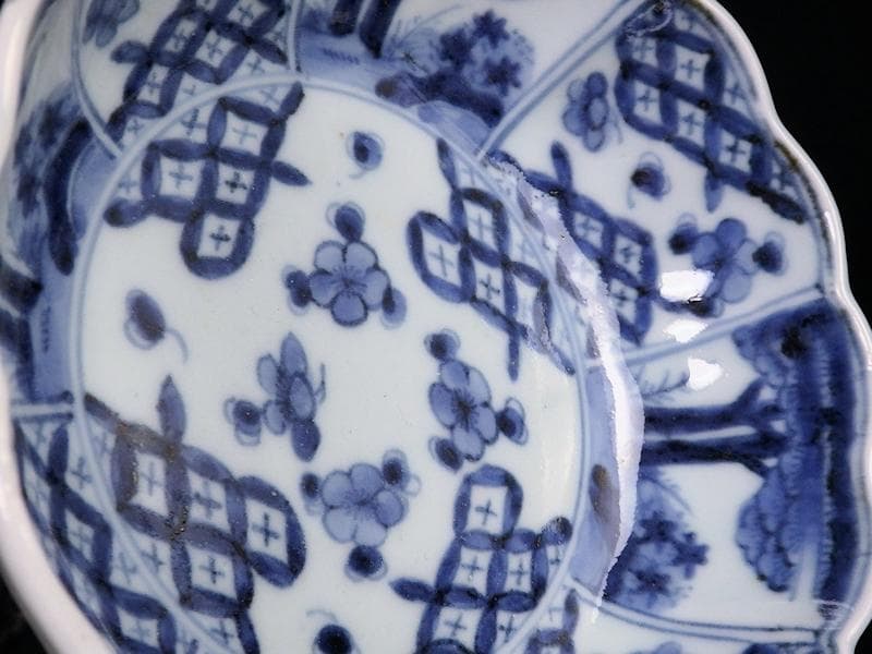 古伊万里　染付　七宝紋に梅の図　膾皿　５客　381AS-CAv