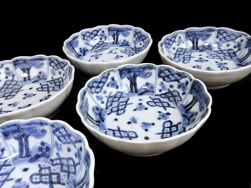 古伊万里　染付　七宝紋に梅の図　膾皿　５客　381AS-CAv