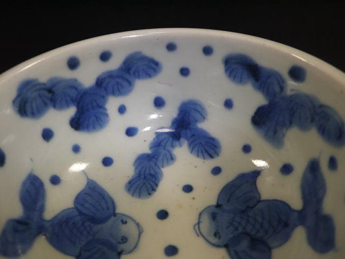 伊万里焼　盃洗　可愛い金魚文　水玉・藻・二匹の金魚　状態良好美品