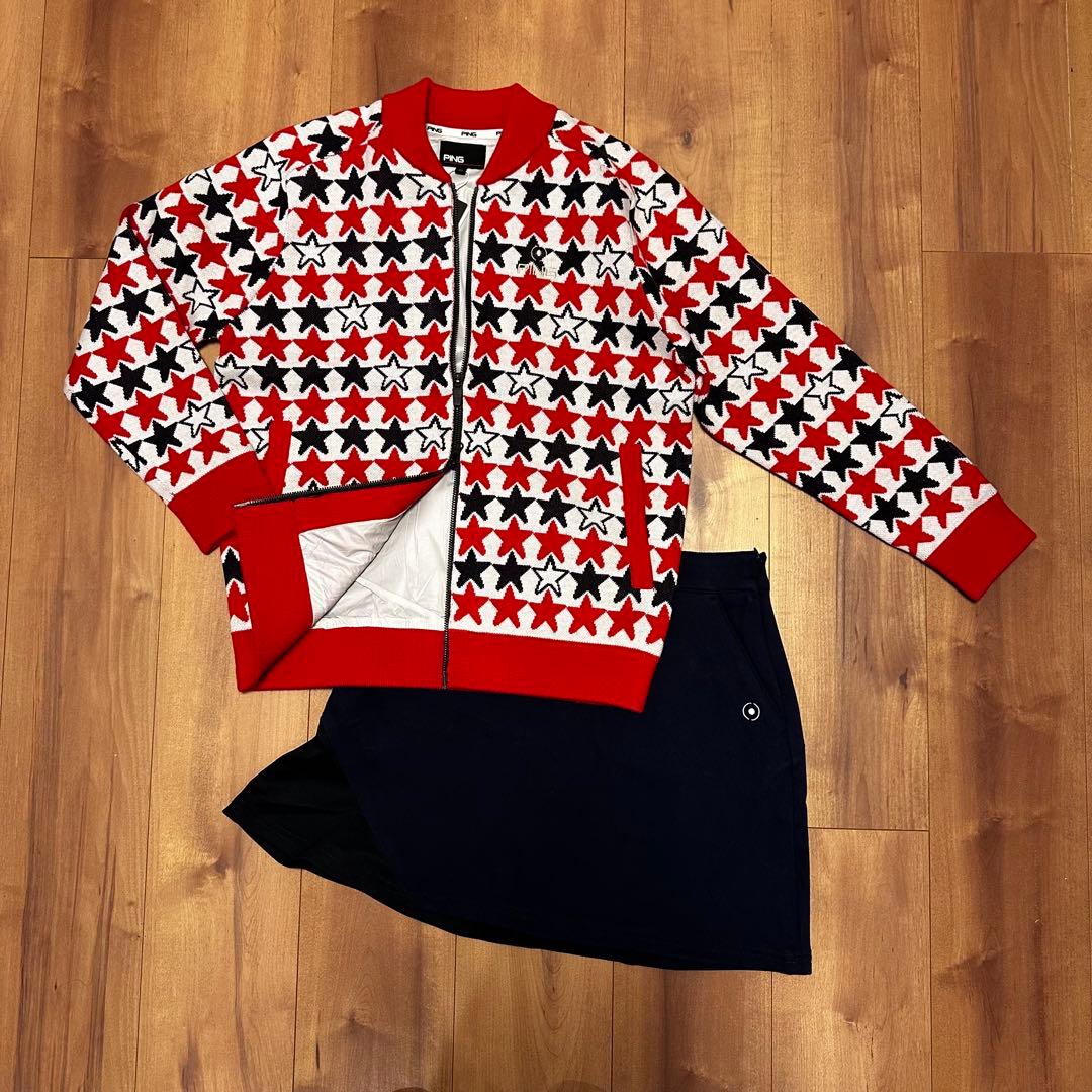 裏地付き　防風　ニット　アウター　保温スカート　セットアップ　秋冬　真冬ゴルフ