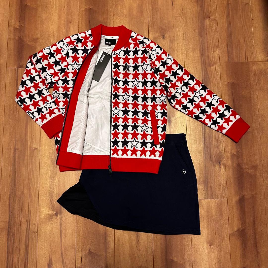 裏地付き　防風　ニット　アウター　保温スカート　セットアップ　秋冬　真冬ゴルフ