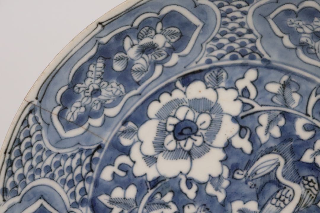 中国　明時代　漳州窯染付牡丹鳳紋大皿　送料込み0821