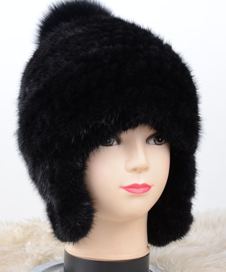 新品限定 上質ミンク編みこみ帽子 黒/フォックスポンポン付き/毛皮 ファー