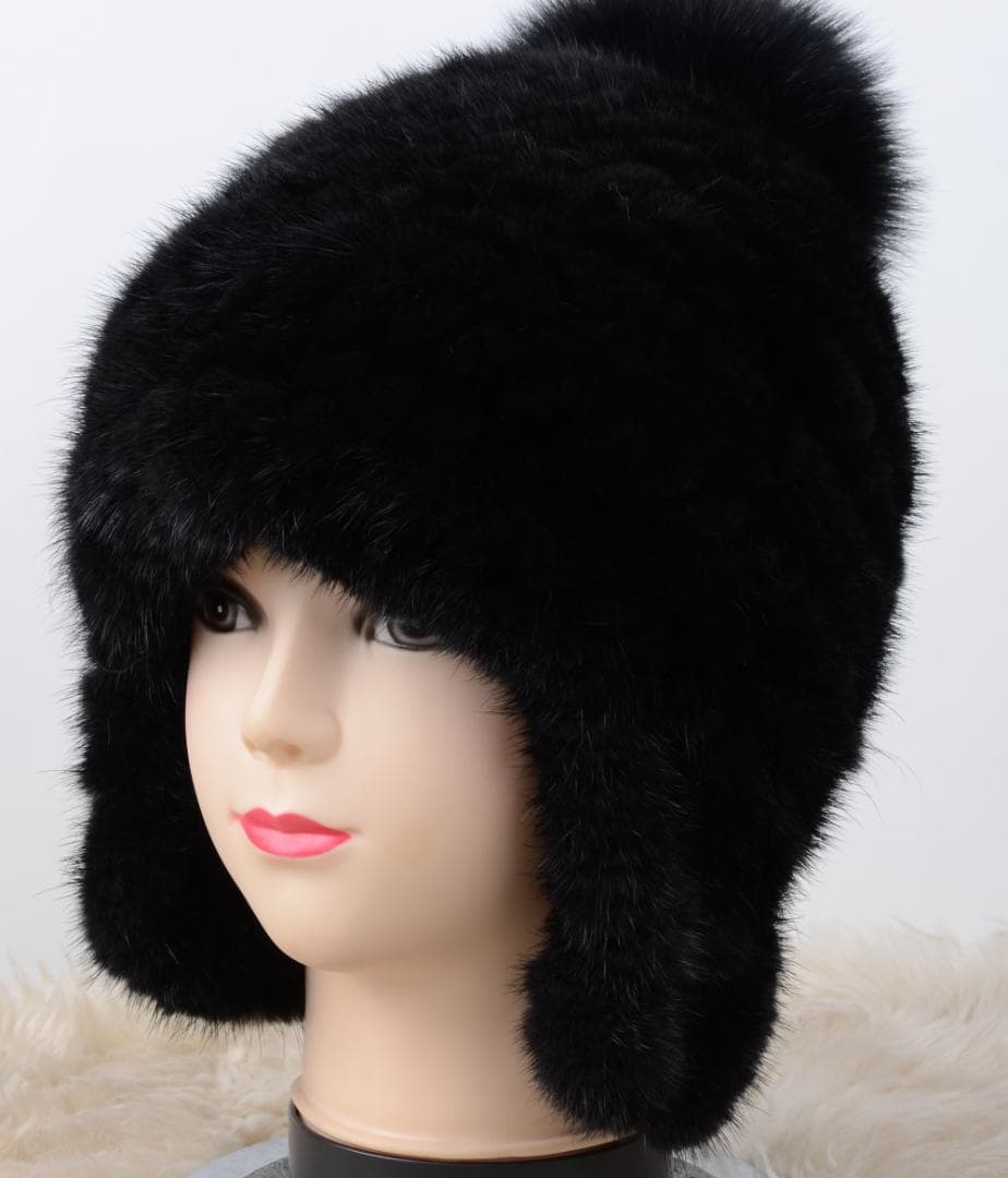 新品限定 上質ミンク編みこみ帽子 黒/フォックスポンポン付き/毛皮 ファー