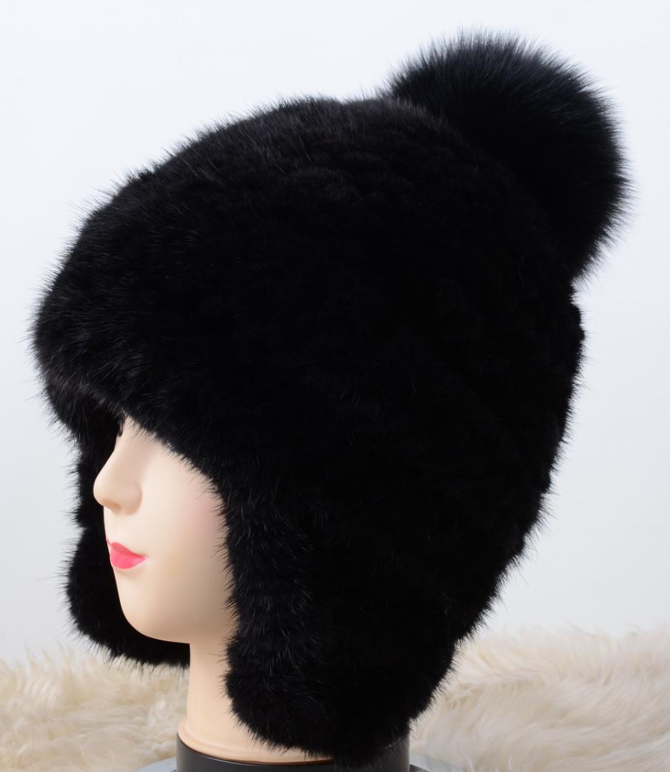 新品限定 上質ミンク編みこみ帽子 黒/フォックスポンポン付き/毛皮 ファー