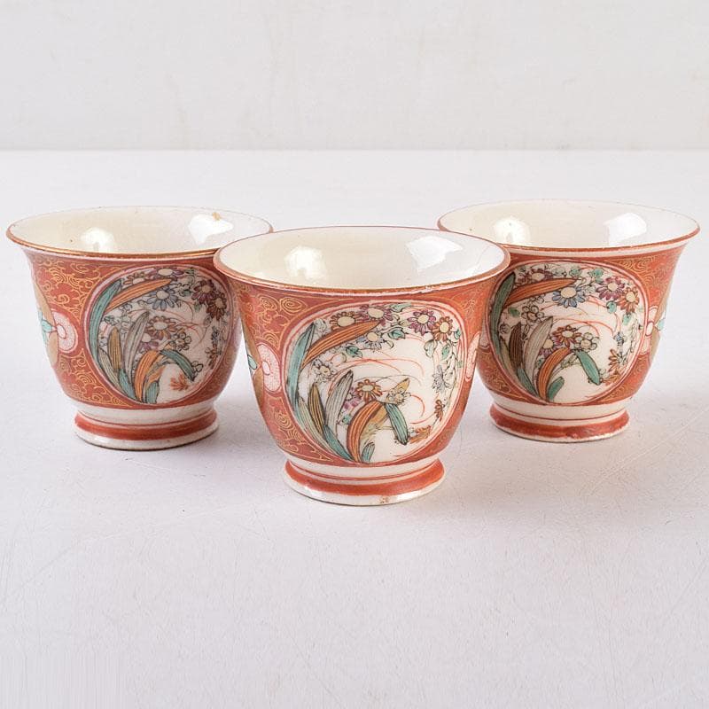 九谷焼　九谷庄三造　赤絵　煎茶碗　五客　湯冷まし　合わせ箱　V　R9020