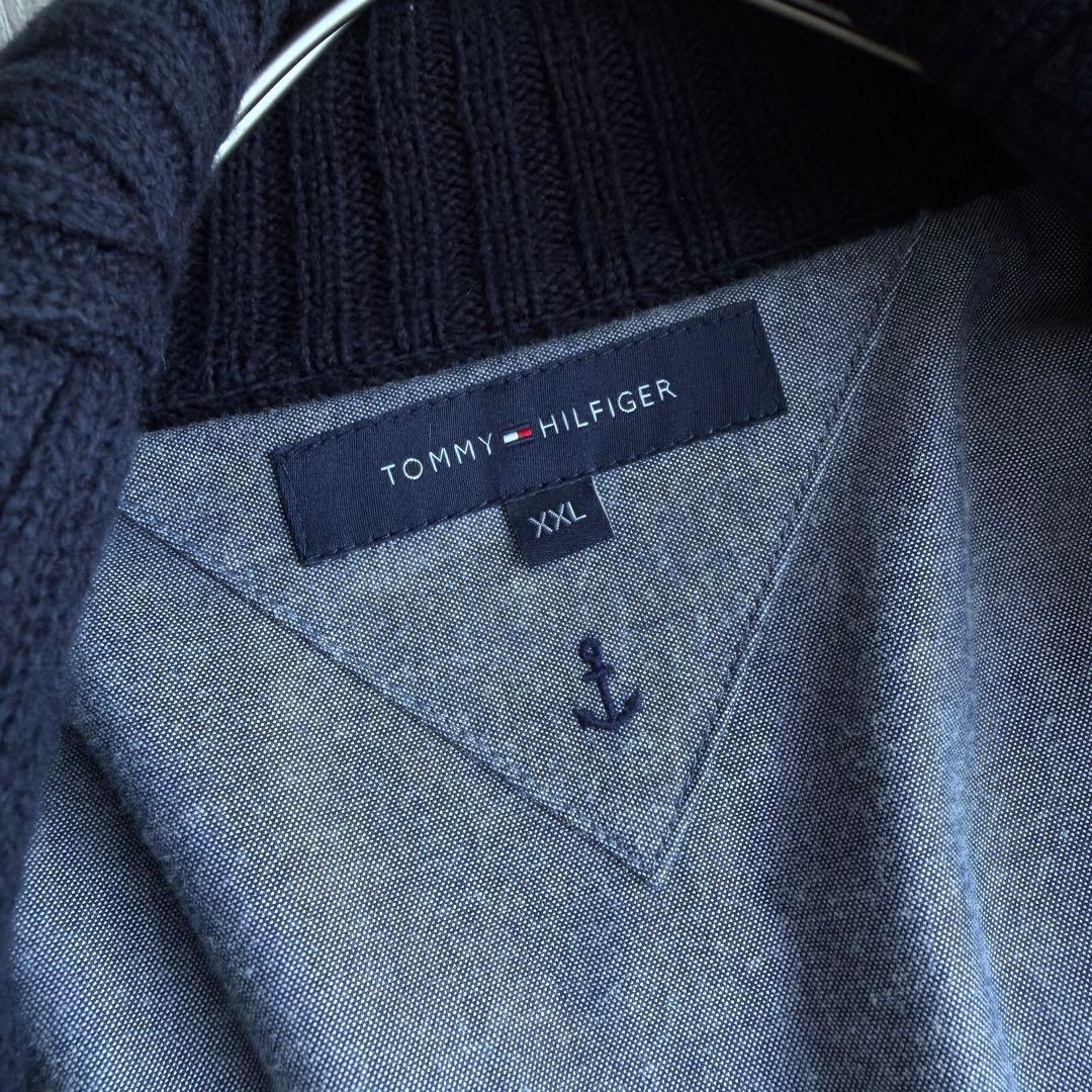 美品 トミーヒルフィガー ダッフルニットジャケット ネイビー XXL ロゴ 刺繍