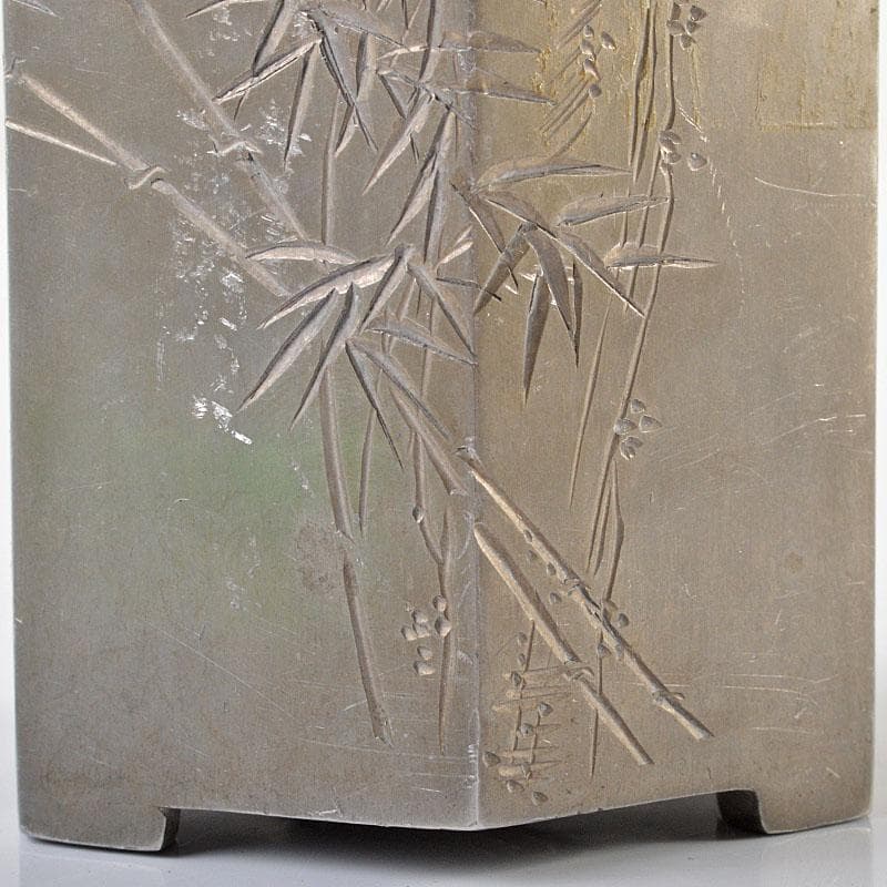 煎茶道具　古錫　竹菴刻　漢詩竹文　六角茶壷　茶心壷　約208g　H　R6162E