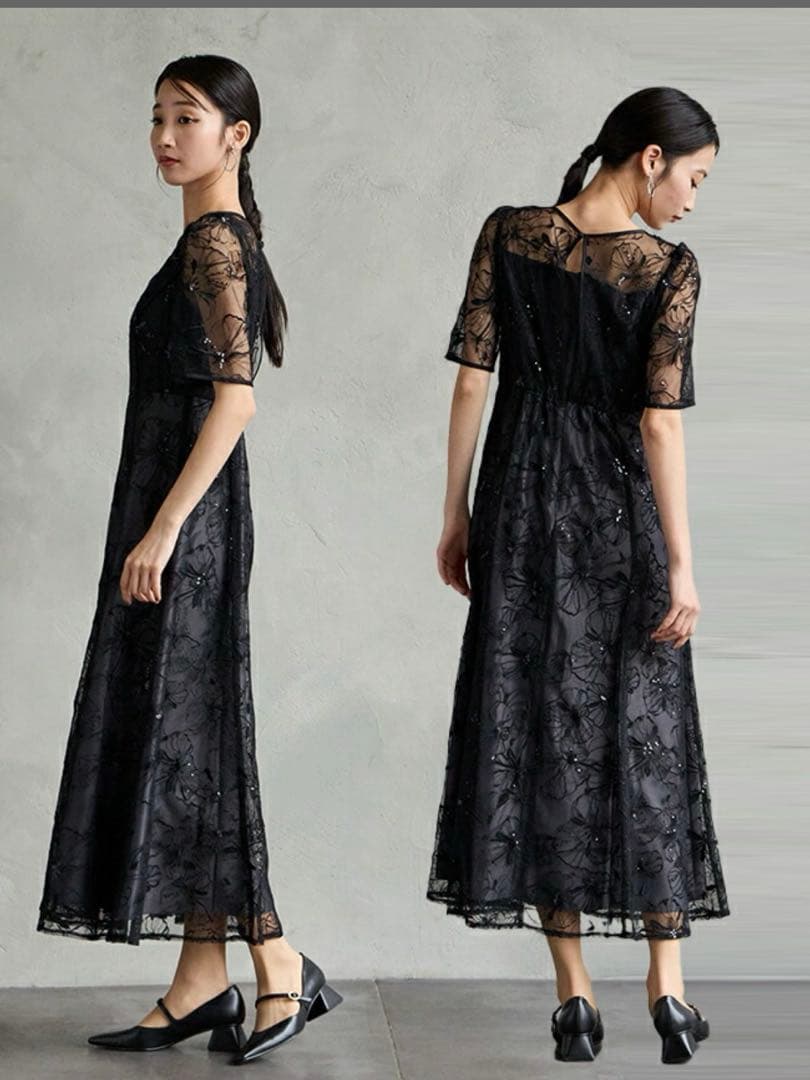 【AIMER】 ビオラモチーフスパンコール刺繍ドレス ワンピース