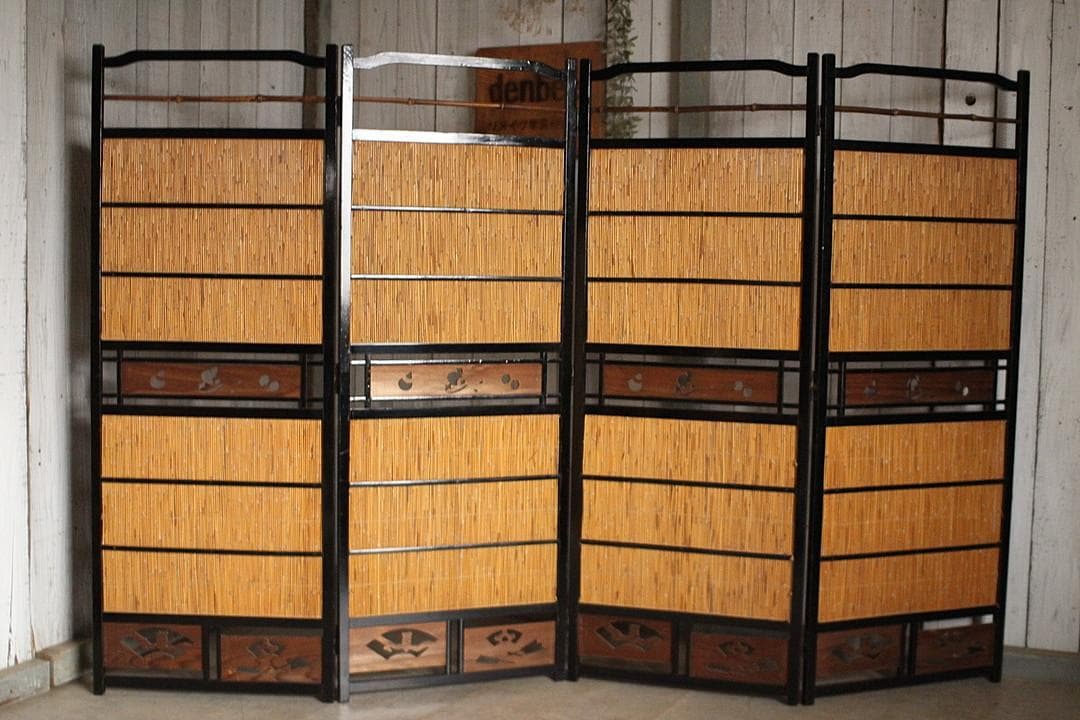 古い簾屏風　衝立　目隠し 四つ折り　透かし彫り　古民家　古道具