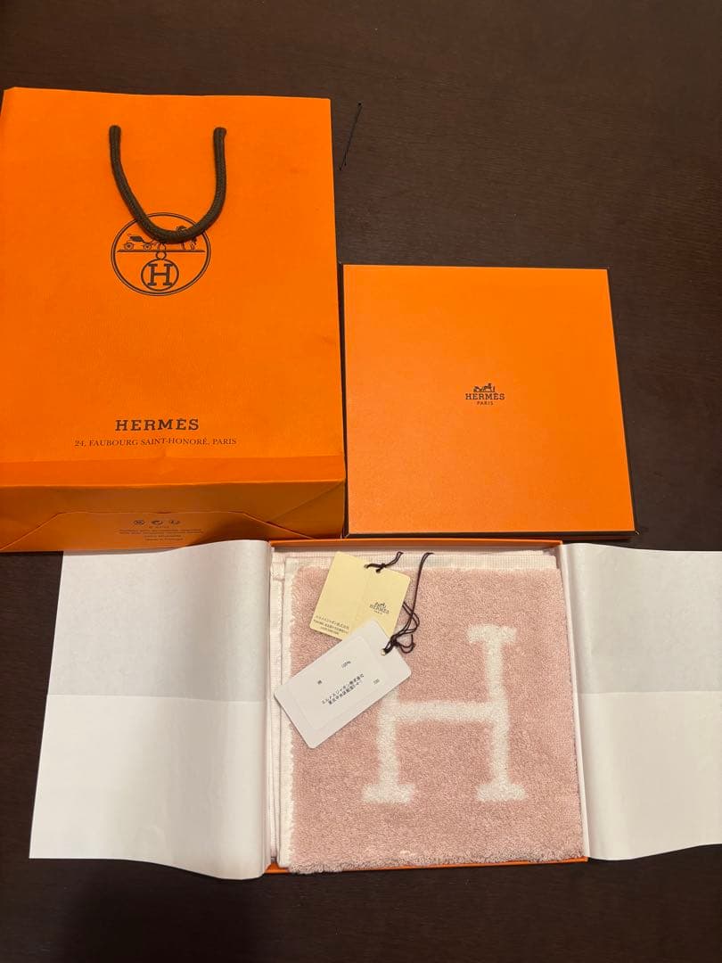 HERMES ピンク コットンタオルハンカチ