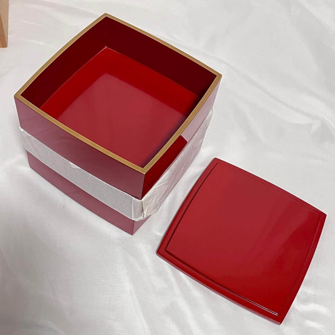 未使用 象彦 銅張 四段重 朱塗 16.3cm 金縁 漆器 漆塗 重箱 木箱入
