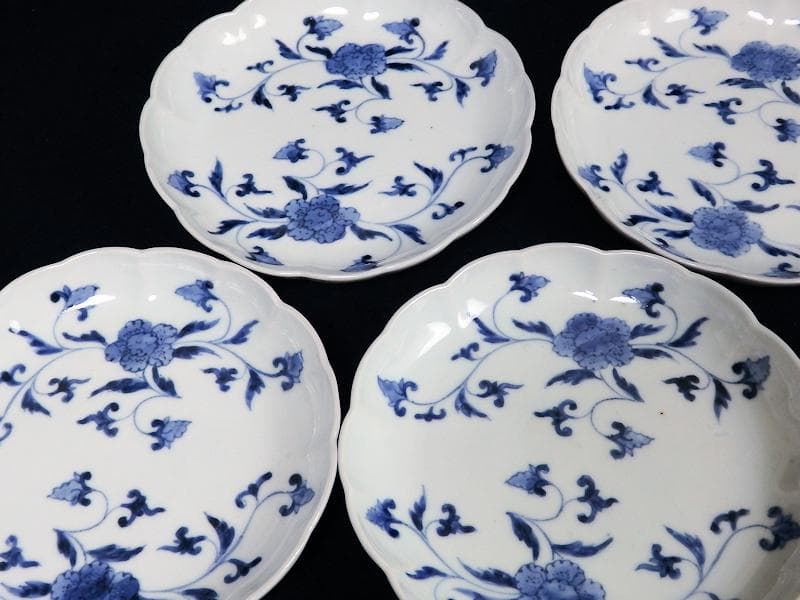 古伊万里　染付　花唐草の図　５寸半皿　４枚　江戸期　D940AS-fbap