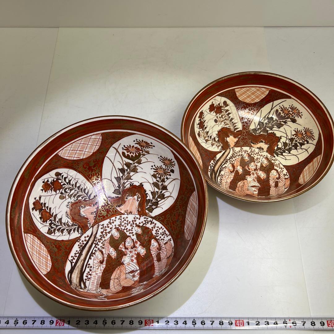 明治初期　九谷焼　赤絵人物画鉢大小　口径約21.5/18.5㎝東Y8-0123①