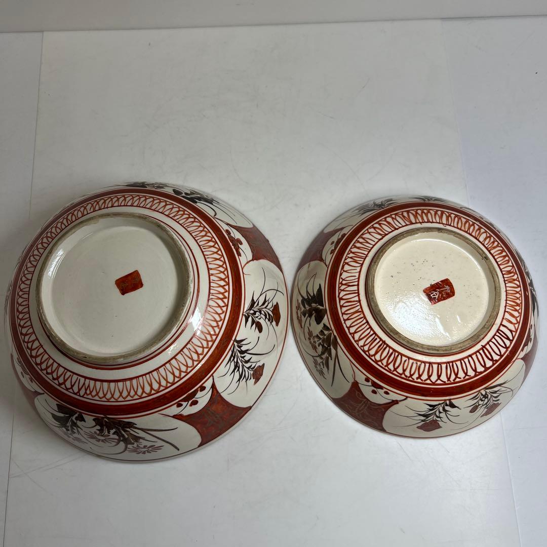 明治初期　九谷焼　赤絵人物画鉢大小　口径約21.5/18.5㎝東Y8-0123①