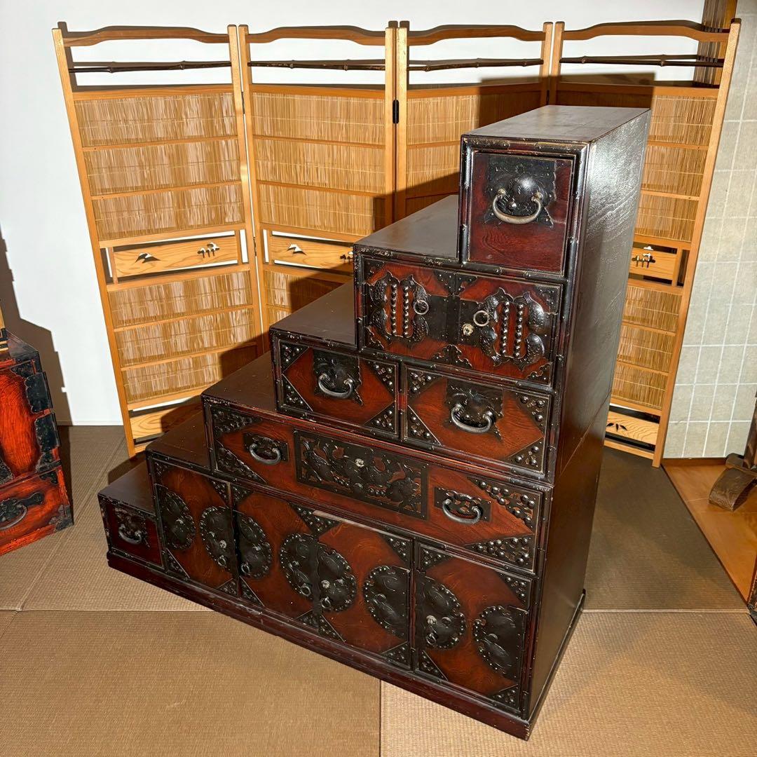 階段箪笥　6段　飾り金具　時代箪笥　伝統家具　和家具　和箪笥　民芸家具