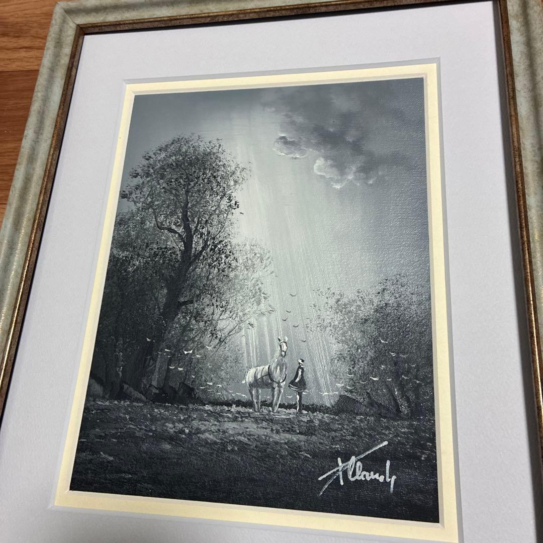 フランス　クロード•パトリック　油絵　幻想的　森の中の白馬と少女