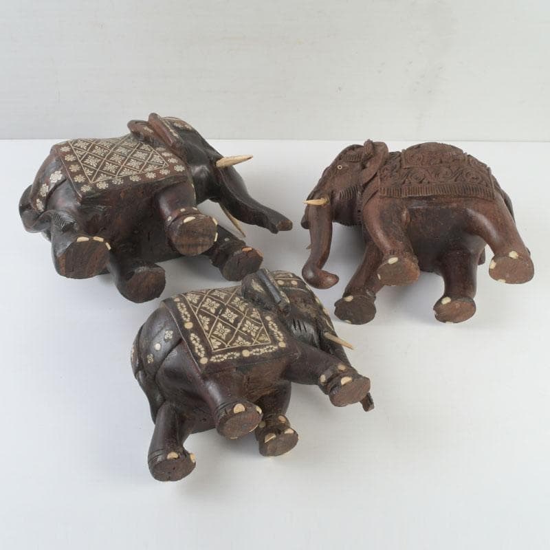 中国　唐木紫壇製　獣骨装飾など　インド象　3点まとめて　台付　V　9336A