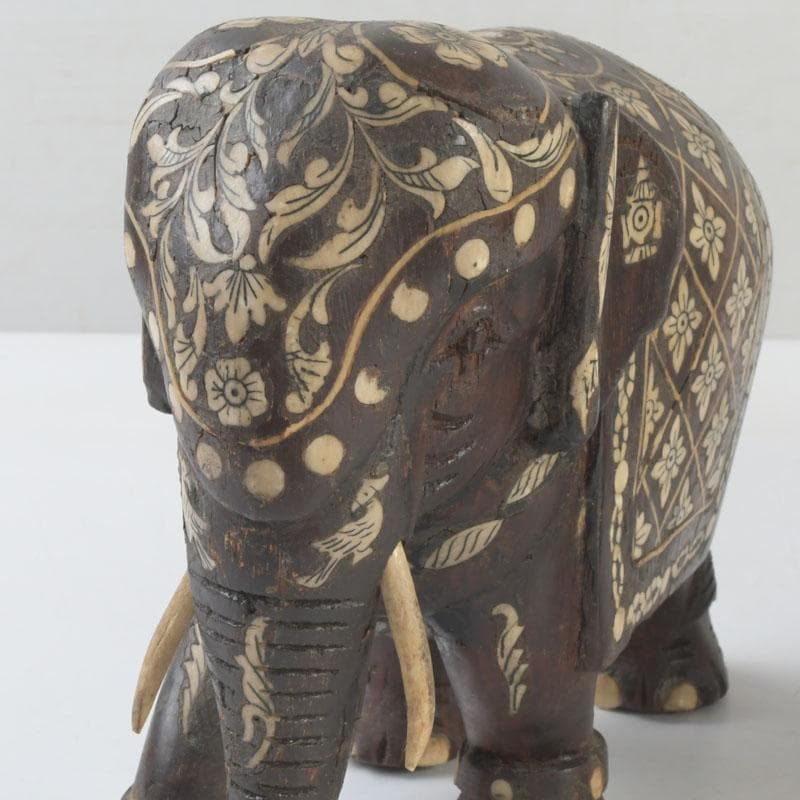 中国　唐木紫壇製　獣骨装飾など　インド象　3点まとめて　台付　V　9336A