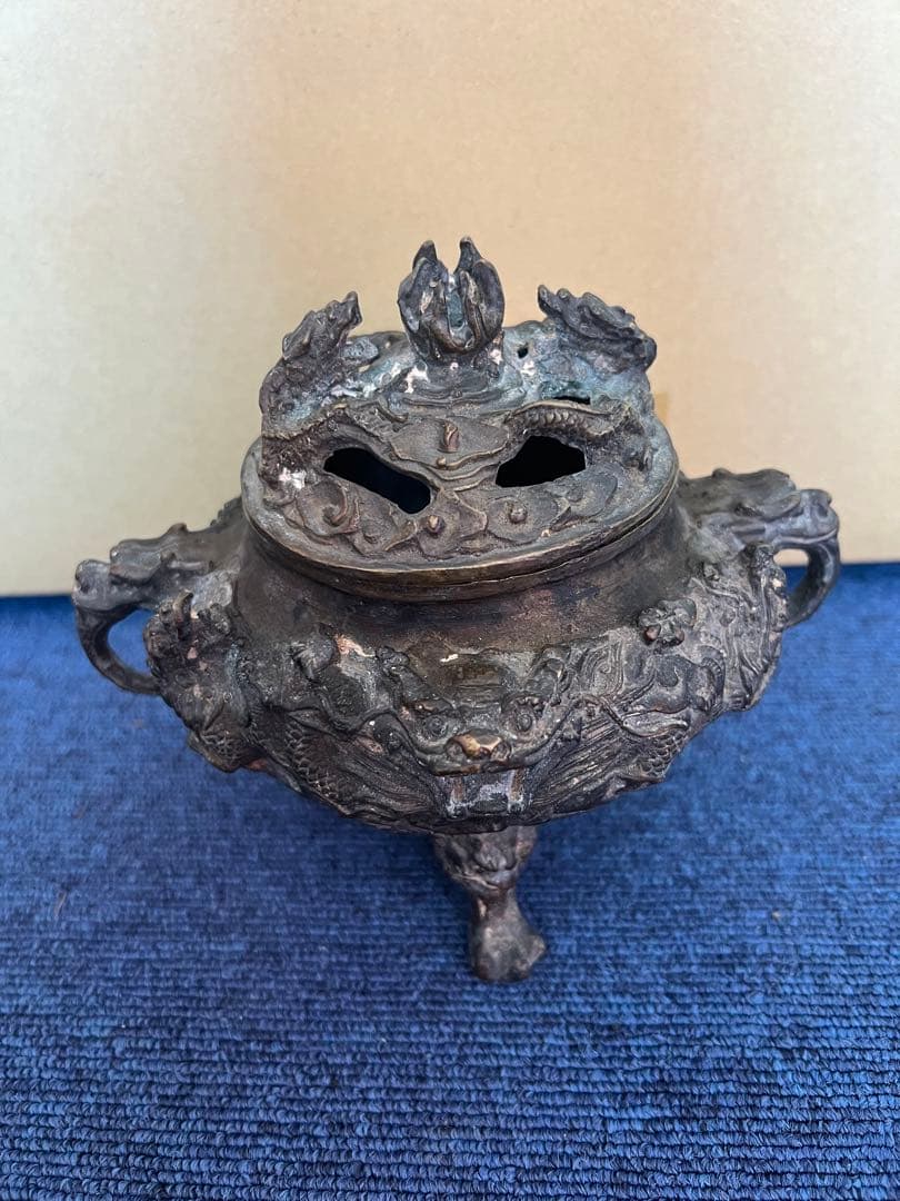 946 銅製　大明宣徳年製　龍紋香炉　時代物