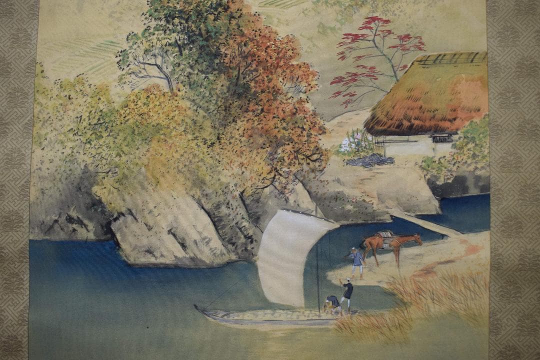 【真作】山下竹斎/湖畔秋色図/秋景山水人物図/掛軸☆宝船☆Y-180　JM