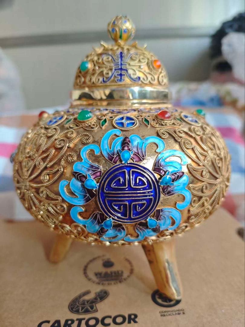 中国美術 銀製 Silver刻印有 七宝 香炉 福壽紋 唐物　622.4g