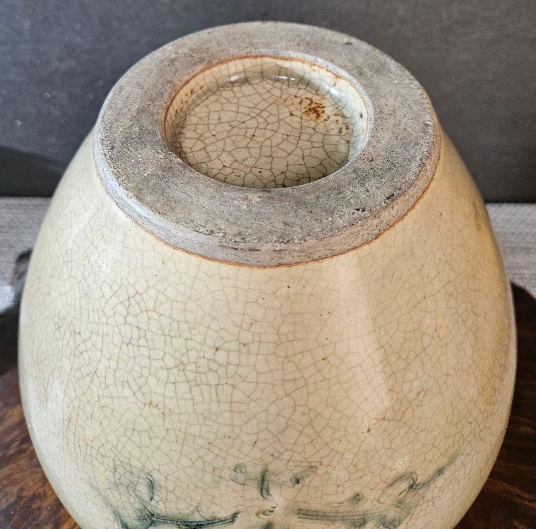 明治時代　御深井焼　蕪の葉の図　壺 花入れ　花生け　オブジェ　高さ19.1cm