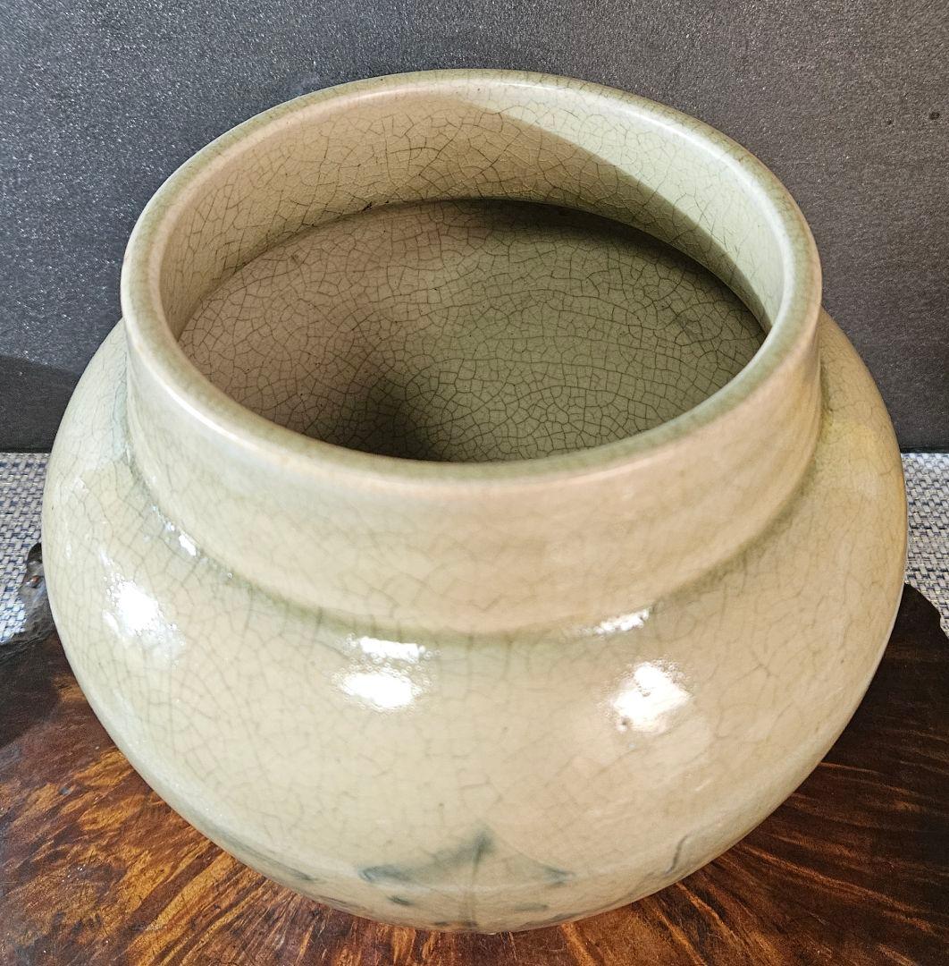 明治時代　御深井焼　蕪の葉の図　壺 花入れ　花生け　オブジェ　高さ19.1cm