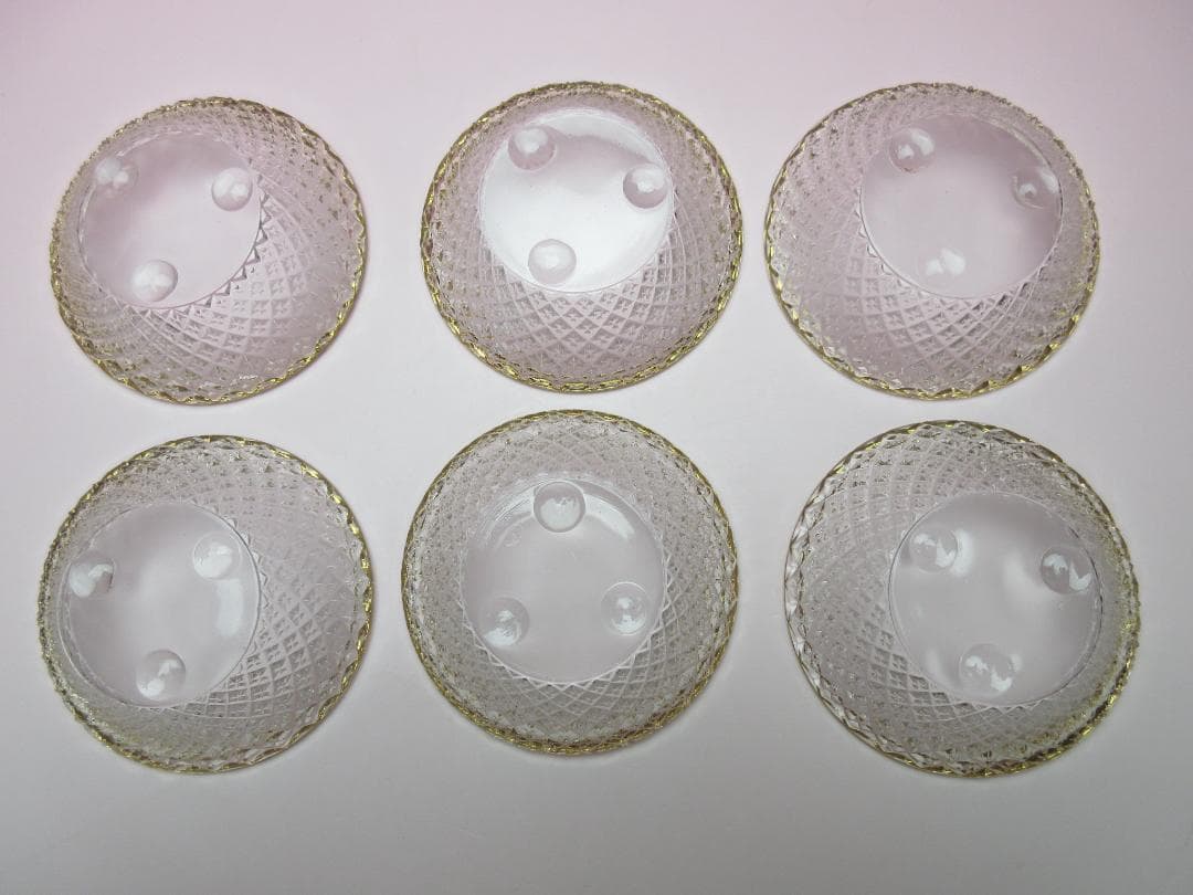 江戸ガラス ギヤマン 金縁 花魚子模様 小鉢 盃 6客 70307