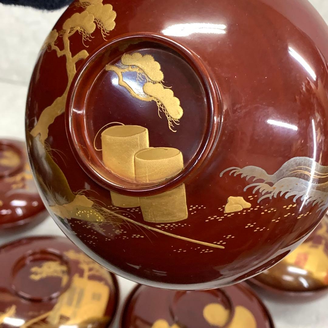 吸物椀 5客 絵変わり 塗り 溜絵 正月 賀正 金彩 汁椀 雑煮 B