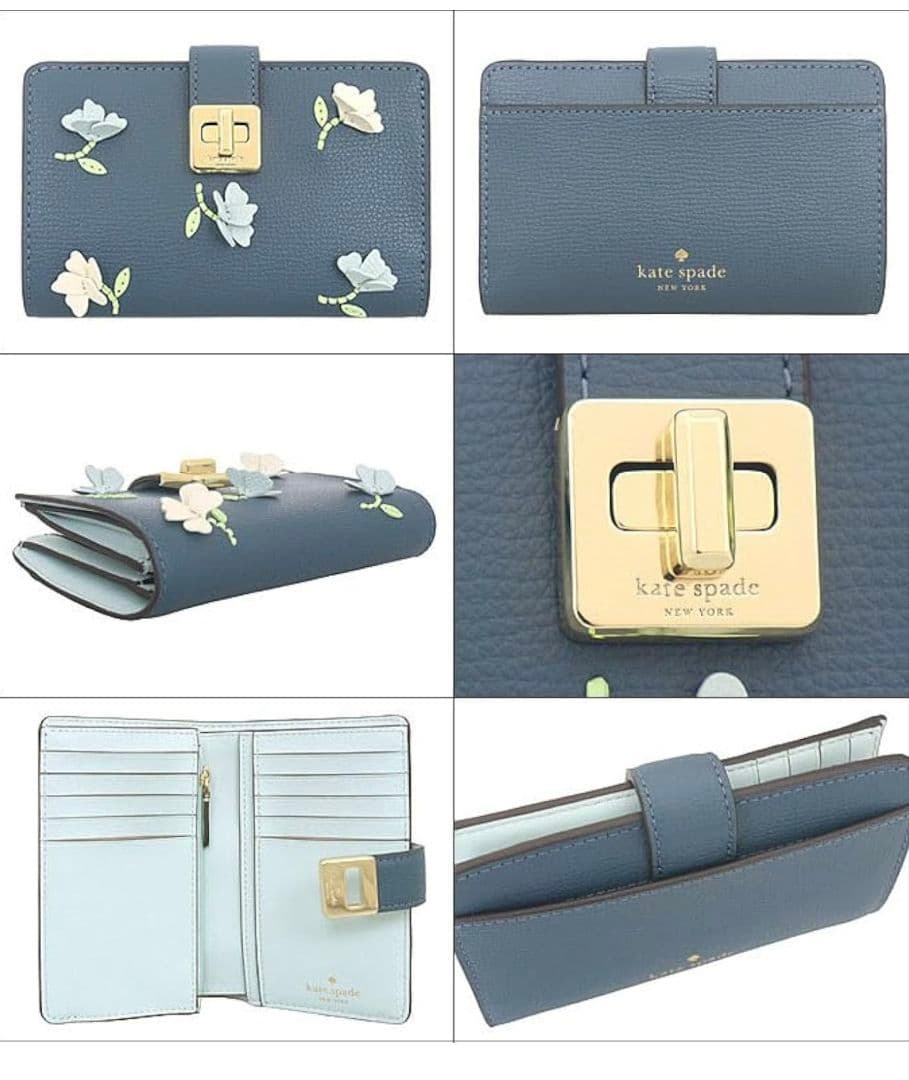 kate spade 花装飾 二つ折り財布 ネイビー