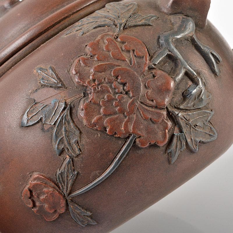 中国　紫砂　朱泥　貼花鳥文　急須　茶壷　在銘　C　R6189