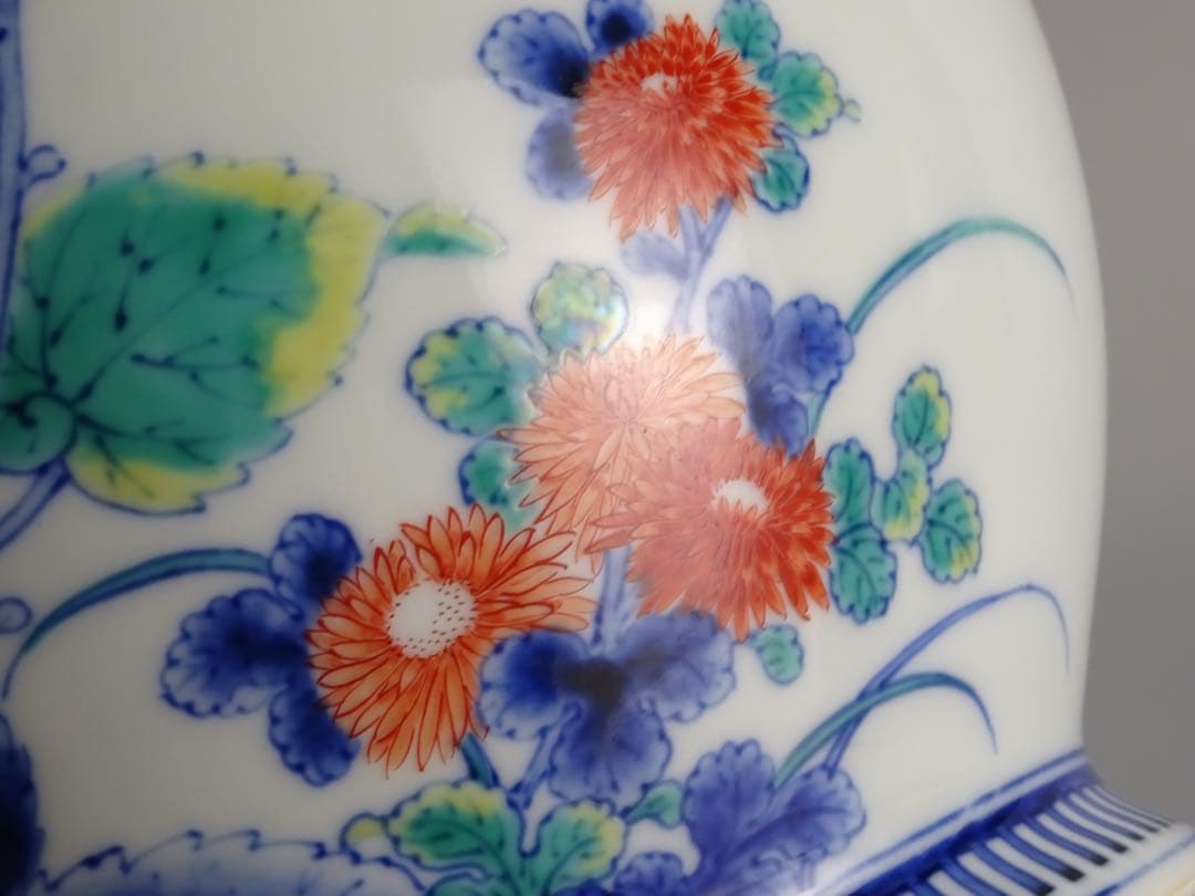 名工　十二代　今泉今右衛門　秀逸作　色鍋島　芙蓉文　花瓶　地文縁　壷　花入　花器