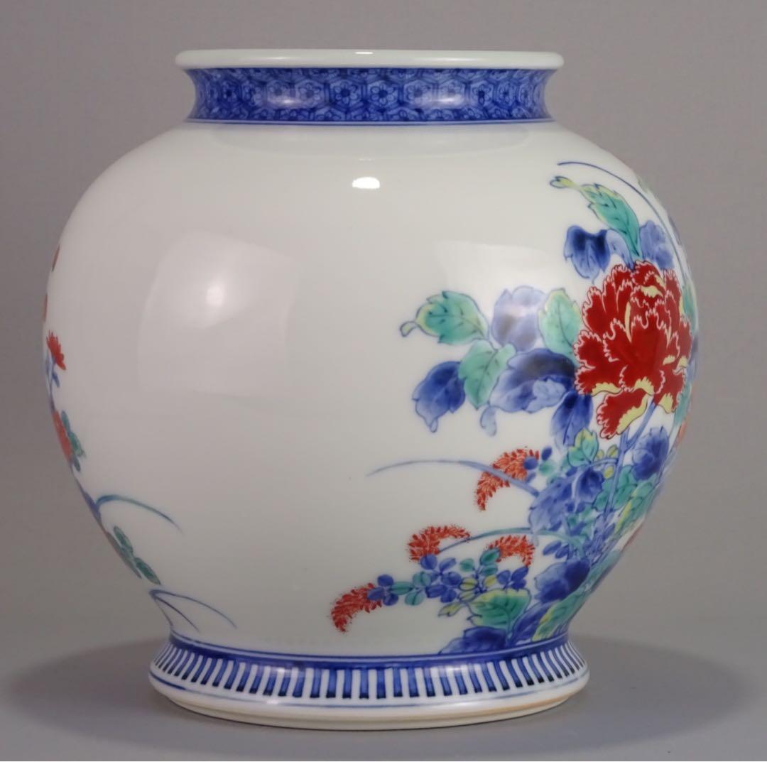 名工　十二代　今泉今右衛門　秀逸作　色鍋島　芙蓉文　花瓶　地文縁　壷　花入　花器
