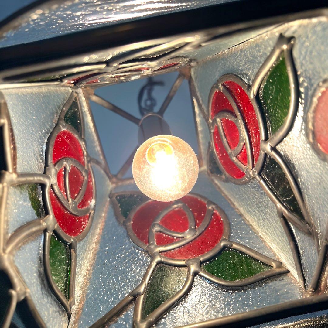 鸛《美品》アンティーク雑貨 昭和レトロ ステンドグラス 薔薇 ペンダントライト