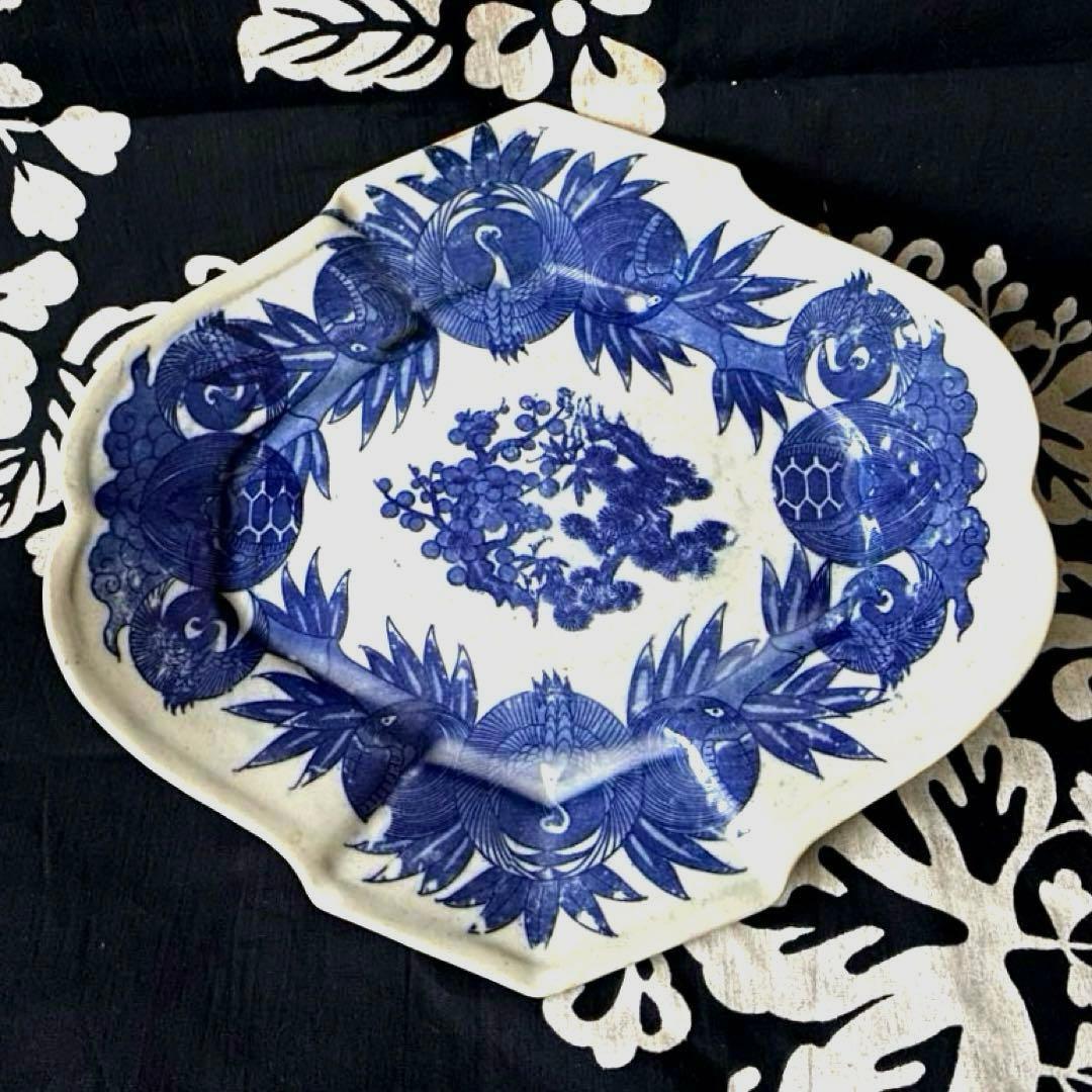 骨董　明治印判皿　鶴亀吉祥図菱皿　変形皿