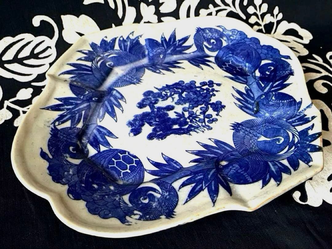 骨董　明治印判皿　鶴亀吉祥図菱皿　変形皿