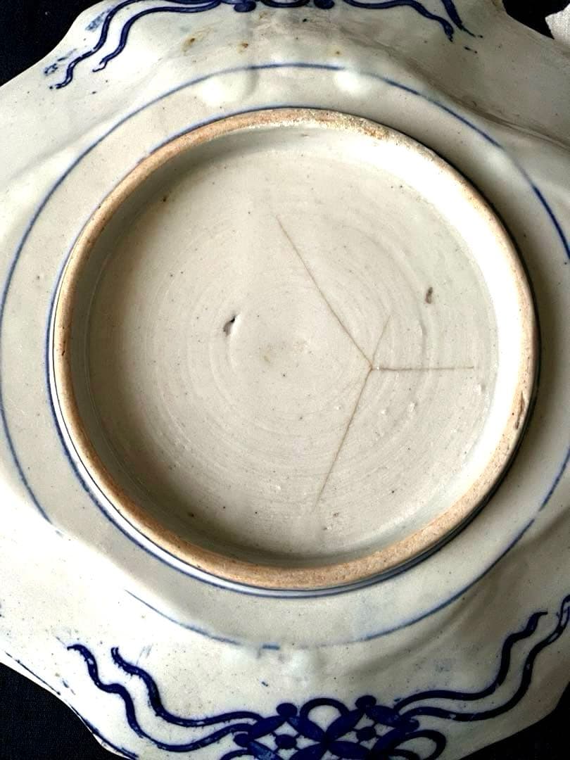 骨董　明治印判皿　鶴亀吉祥図菱皿　変形皿