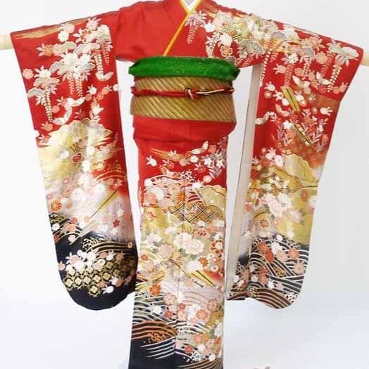 【中古品】振袖・エンジ下黒波【b232】/成人式/卒業式/結婚式/