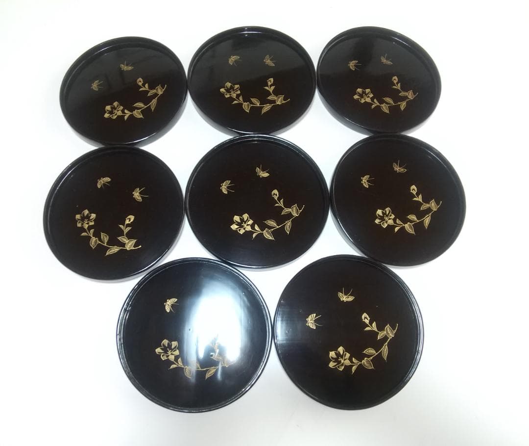 漆器 円形盆 19枚セット 金色花柄