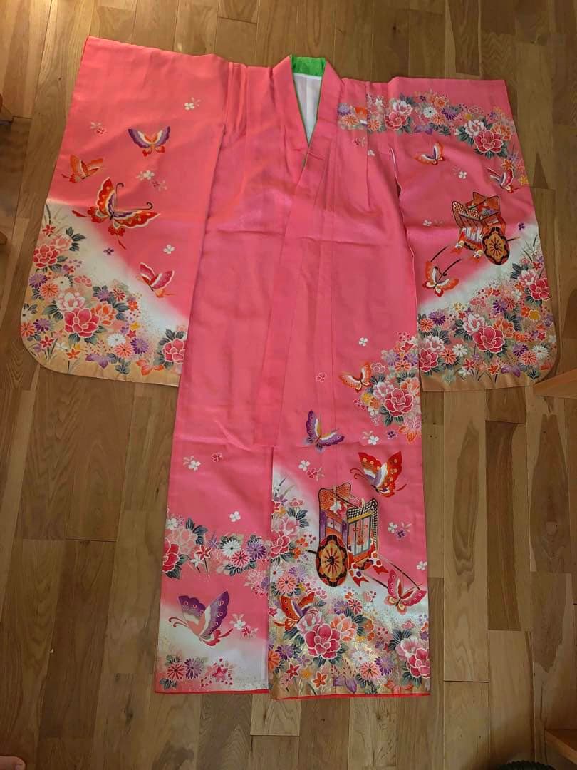 七五三　7歳　フルセット　ピンクの蝶と花模様の着物