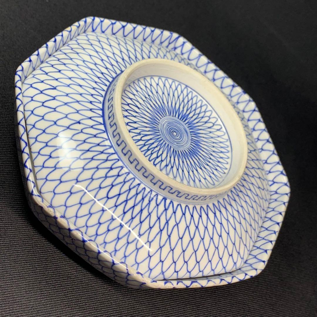 K631☆古伊万里 染付 手書き 網手 蓋もの 江戸後期