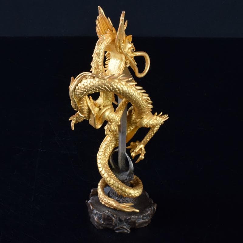 仏教美術　古銅鍍金　龍神　倶利伽羅大龍　不動明王　置物　時代箱付　M　7049