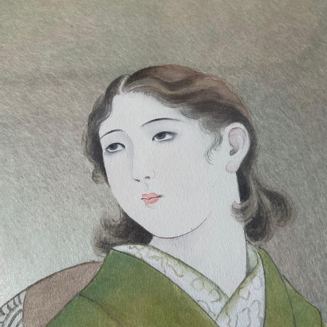 肉筆画　模写　日本画 女性像 金色フレーム 約40cm x 35cm