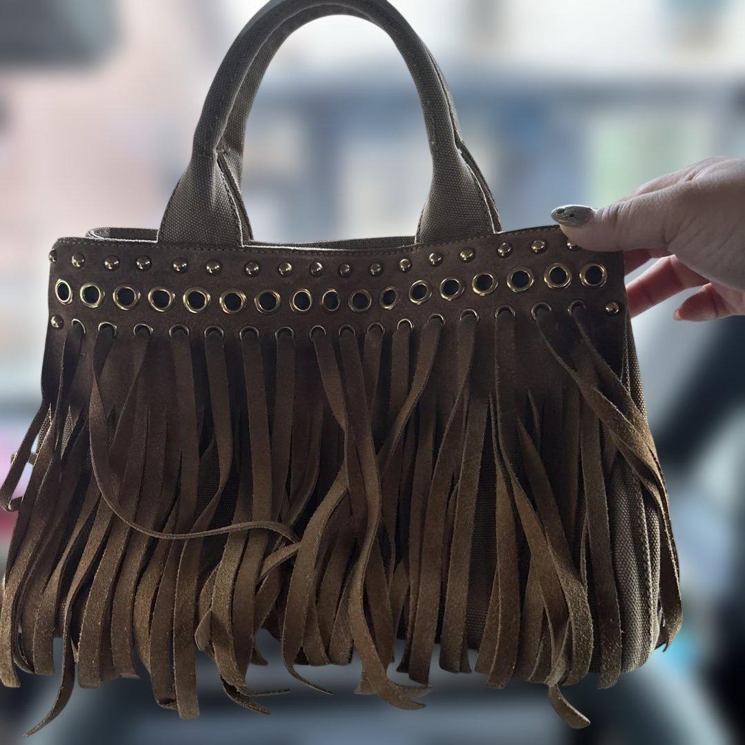 PRADA フリンジハンドバッグ ブラウン