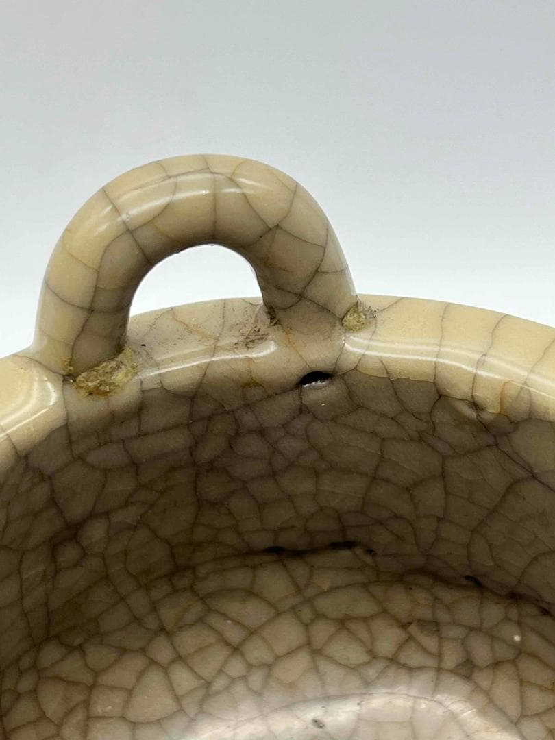 宋時代　青磁　汝官窯包金氷裂紋 支釘焼き 双耳三足香炉(C-81)