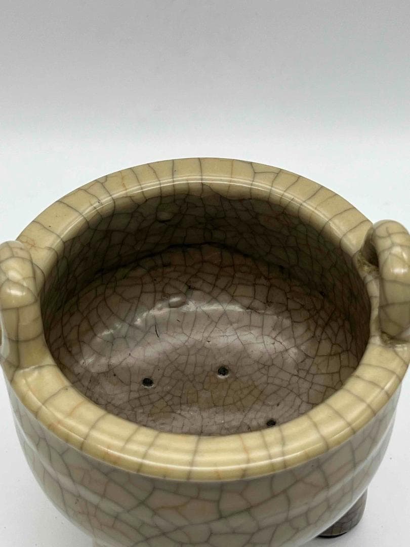 宋時代　青磁　汝官窯包金氷裂紋 支釘焼き 双耳三足香炉(C-81)