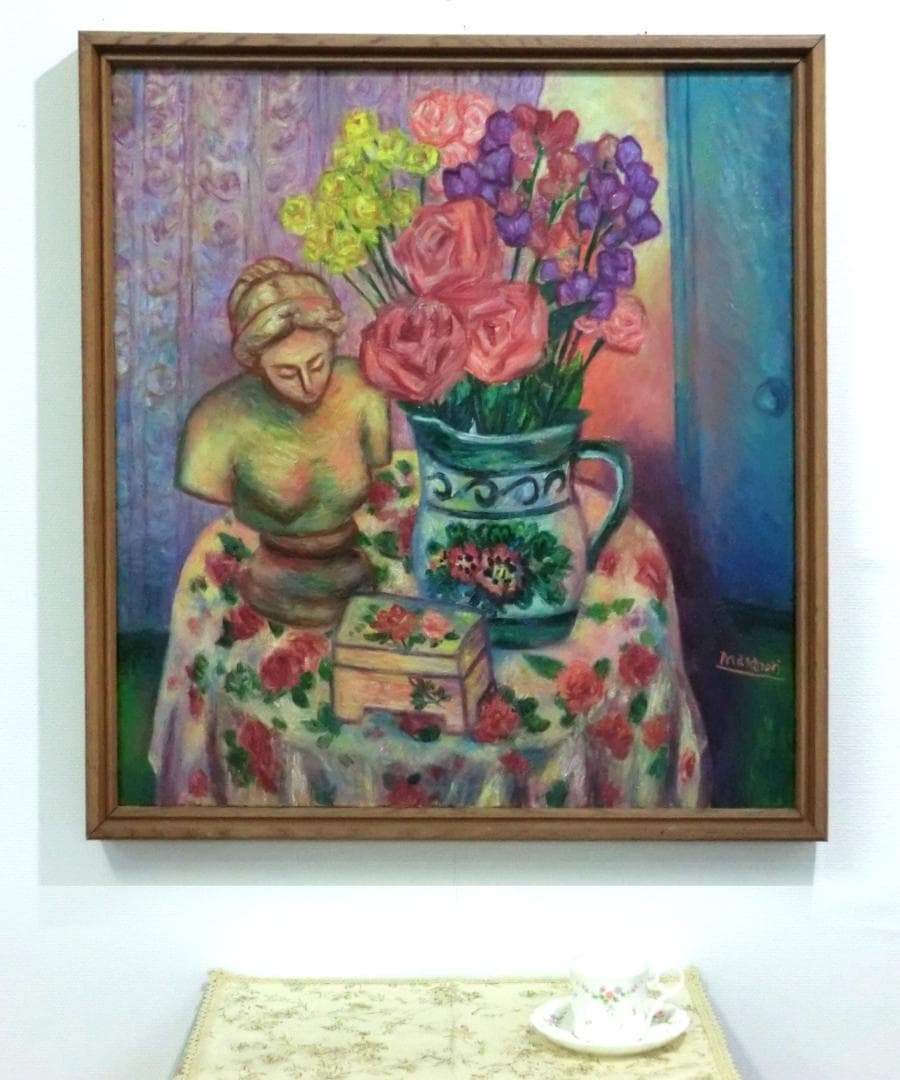 油彩画　静物画　女性像のあるテーブル　額装商品　作品サイズ60×65cm
