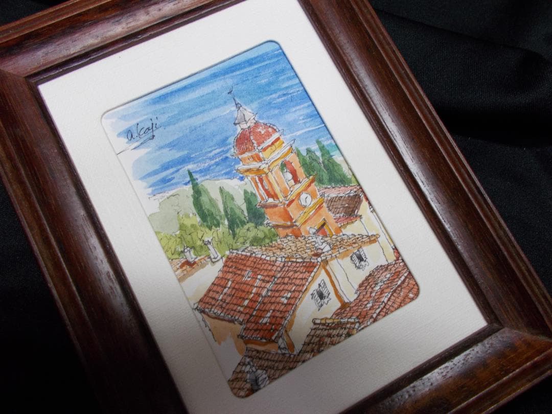 絵　手描き　コートダジュールの教会　オリジナル