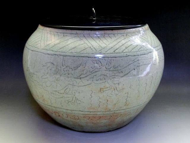 水指■英作 龍鳳繪 寿 阿曽窯 はなぎ 龍紋 漆器蓋 水さし 時代物 骨董品■